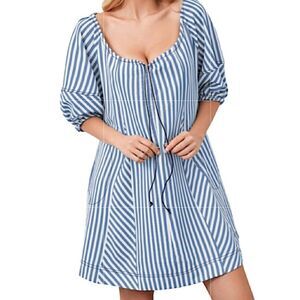 Boho Womens Medium Puff Sleeve Mini Dress Scoop Drawstring Neckline Ruffle
